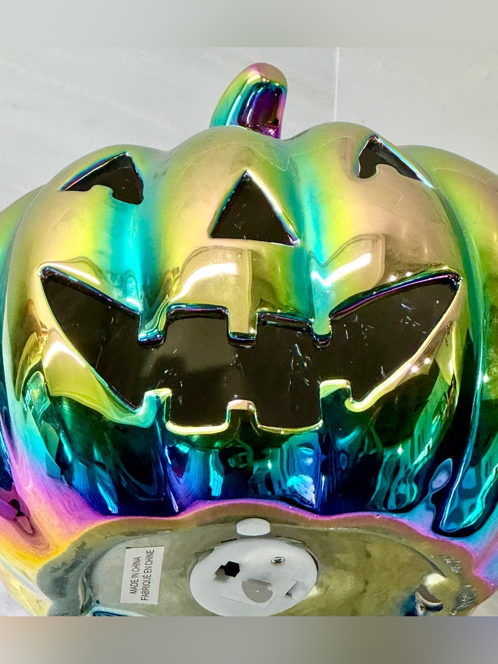 New Halloween Jack-o'-Lantern Light Up Iridescent Ceramic Pumpkin Decor - 7” - Picture 5 of 8